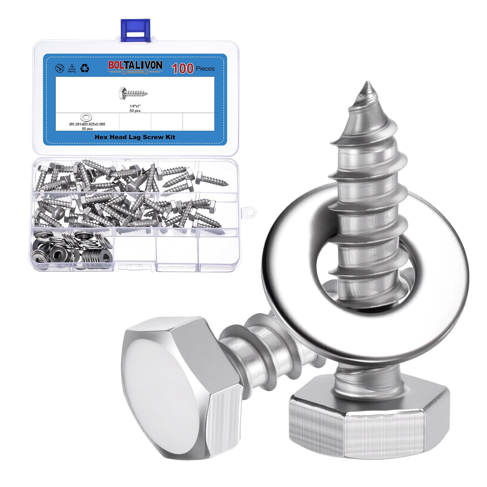 Uxcell 50 Pcs Hex Head Lag Screws - 1/4"x1" Stainless Steel 18-8 (304) Lag Bolts Hexagon Head Heavy Duty Wood Screws with Flat Washers for Wood, Decks, Fences, Furniture, Silver