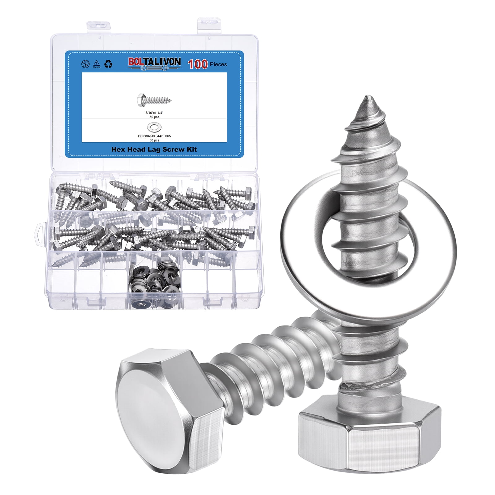 Uxcell 50 Pcs Hex Head Lag Screws - 5/16"x1-1/4" Stainless Steel 18-8 (304) Lag Bolts Hexagon Head Heavy Duty Wood Screws with Flat Washers for Wood, Decks, Fences, Furniture, Silver