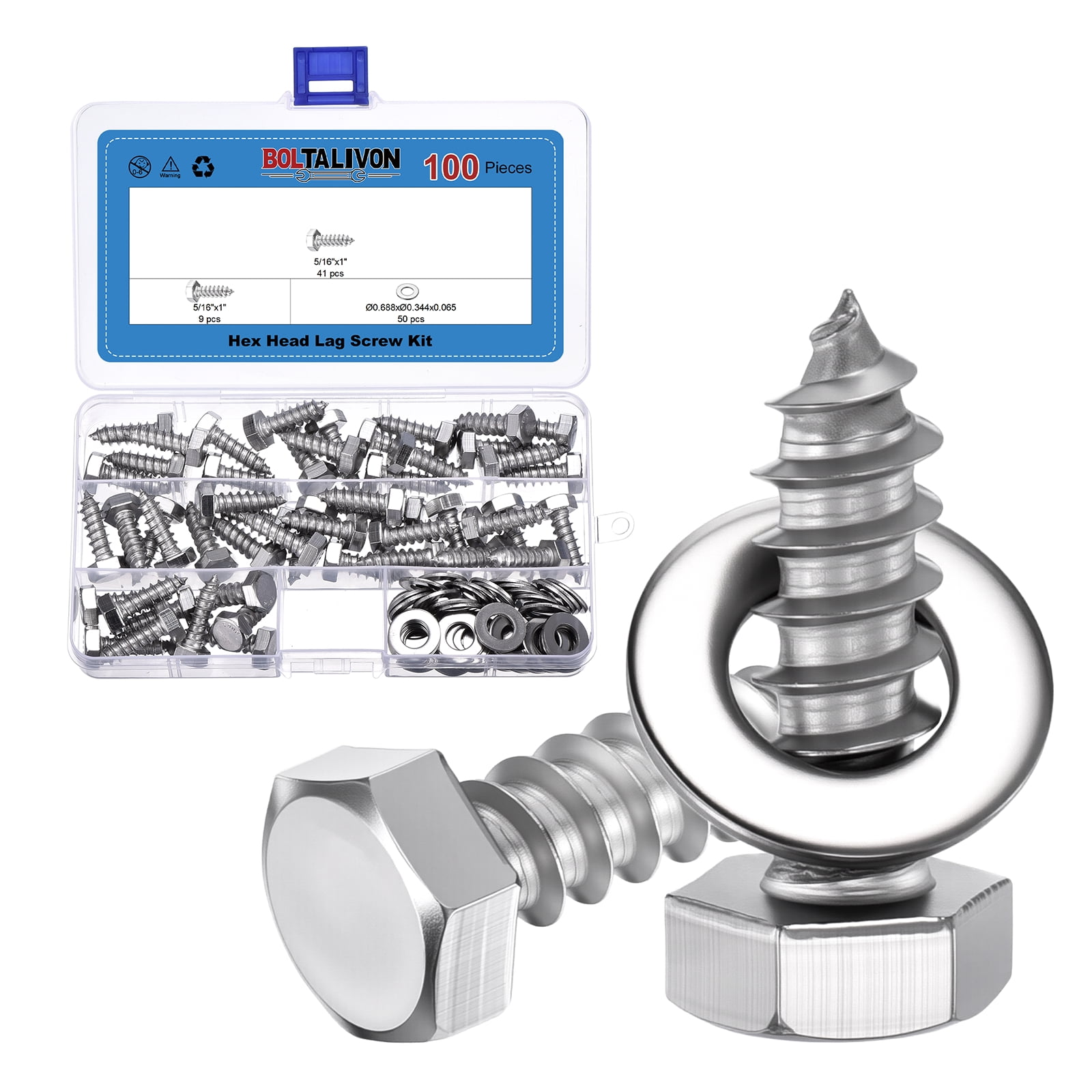 Uxcell 50 Pcs Hex Head Lag Screws - 5/16"x1" Stainless Steel 18-8 (304) Lag Bolts Hexagon Head Heavy Duty Wood Screws with Flat Washers for Wood, Decks, Fences, Furniture, Silver