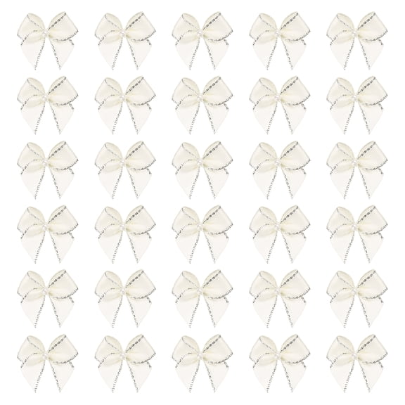 Uxcell 50 Pcs Mini Beige Silver Tone Ribbon Bows with Pearl 1" Ribbon Flowers Appliques for Crafts DIY Hair Bows Sewing Wedding Party Christmas Decoration