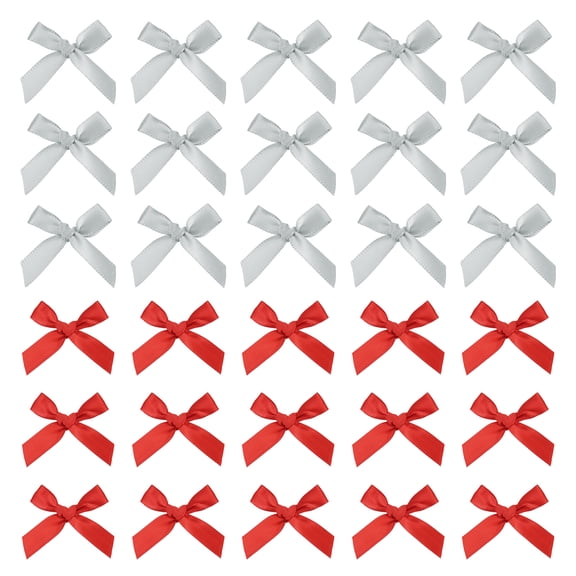 Uxcell 50 Pcs Mini Ribbon Bow 1.8 Inch Mini Fabric Satin Ribbon Flower Bows for Craft DIY Sewing Wedding Birthday Party Bright Red/Light Gray