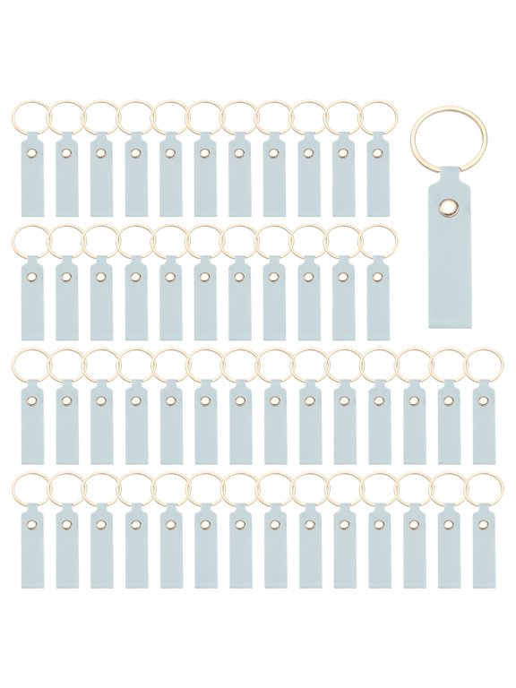 50 Pcs PU Leather Keychain Blanks Bulk Laser Engraving Keychain Leather Key Fob Kit with Key Rings for DIY Supplies Gifts (Light Blue, 3.7" x 0.7")