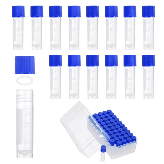 Uxcell 50 Pcs Plastic Vials, 2ml Cryogenic Vials Small Sample Test Tubes Centrifuge Tubes Frozen Container Storage Box with Screw Cap for Low Temperature Storage Laboratory, Blue