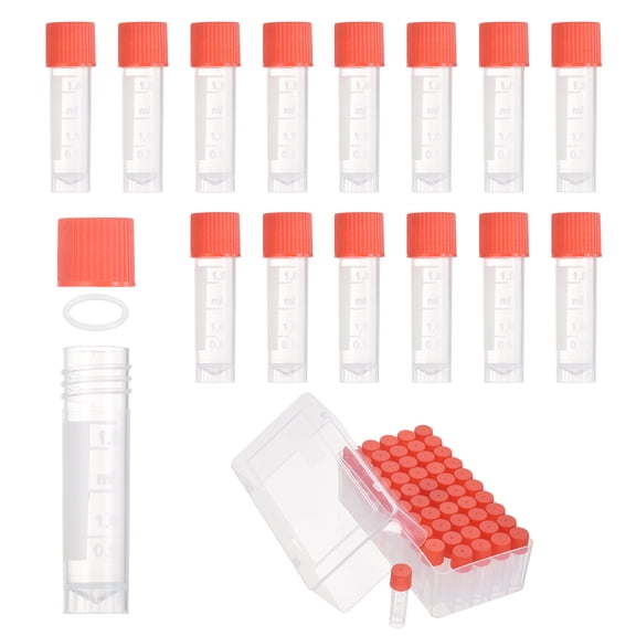 Uxcell 50 Pcs Plastic Vials, 2ml Cryogenic Vials Small Sample Test Tubes Centrifuge Tubes Frozen Container Storage Box with Screw Cap for Low Temperature Storage Laboratory, Red