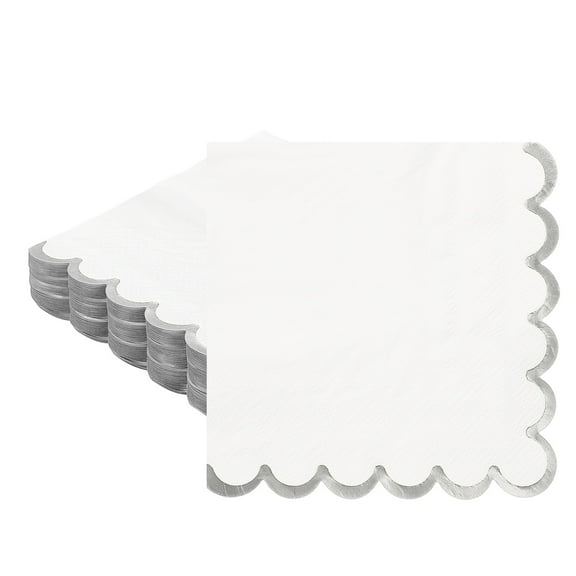 Uxcell 50 Pcs Scalloped Cocktail Napkins with Gold Foil Edges, 5 x 5 Inch Disposable Scalloped Paper Napkins for Wedding Engagement Anniversary Party Tableware Decorations, White Silver