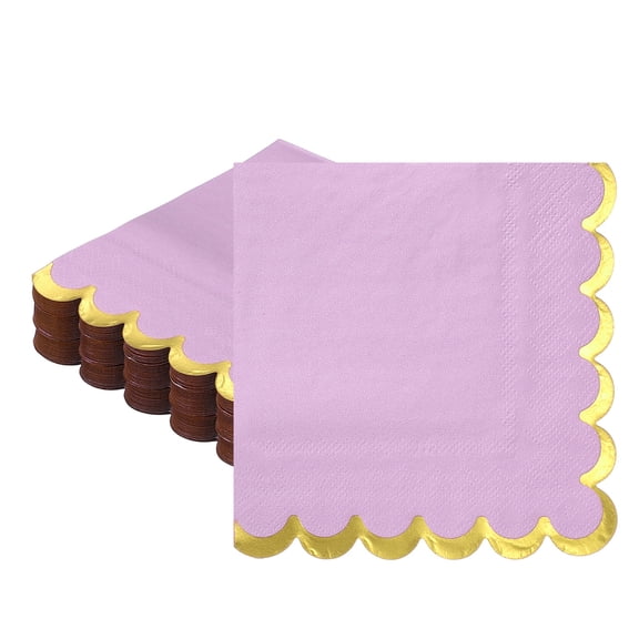 Uxcell 50 Pcs Scalloped Cocktail Napkins with Gold Foil Edges, 5 x 5 Inch Disposable Scalloped Paper Napkins for Wedding Engagement Anniversary Party Tableware Decorations, Purple