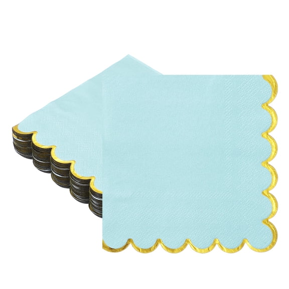 Uxcell 50 Pcs Scalloped Cocktail Napkins with Gold Foil Edges, 5 x 5 Inch Disposable Scalloped Paper Napkins for Wedding Engagement Anniversary Party Tableware Decorations, Light Blue