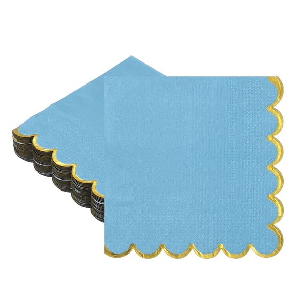 Uxcell 50 Pcs Scalloped Cocktail Napkins with Gold Foil Edges, 5 x 5 Inch Disposable Scalloped Paper Napkins for Wedding Engagement Anniversary Party Tableware Decorations, Shallow Blue