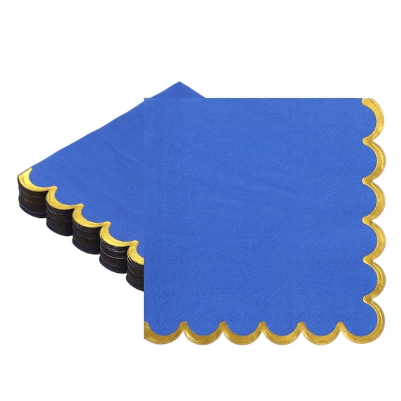 Uxcell 50 Pcs Scalloped Cocktail Napkins with Gold Foil Edges, 5 x 5 Inch Disposable Scalloped Paper Napkins for Wedding Engagement Anniversary Party Tableware Decorations, Dark Blue