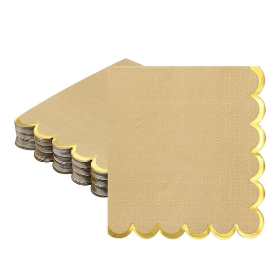 Uxcell 50 Pcs Scalloped Cocktail Napkins with Gold Foil Edges, 5 x 5 Inch Disposable Scalloped Paper Napkins for Wedding Engagement Anniversary Party Tableware Decorations, Shallow Brown