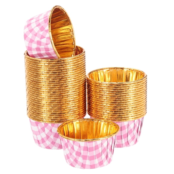 Uxcell 50 Pcs Single-sided Aluminum Foil Cupcake Liners, Greaseproof Muffins Baking Cupcakes for Wedding Birthday Party Decoration, Pink (Round-Grid)
