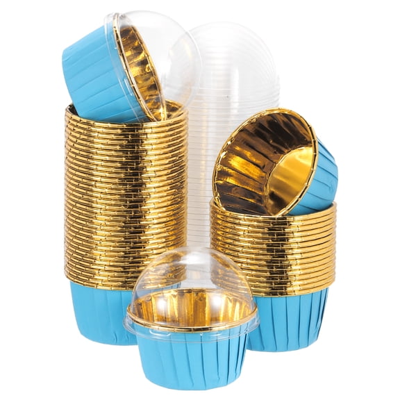 Uxcell 50 Pcs Single-sided Aluminum Foil Cupcake Liners with Lids, Greaseproof Muffins Baking Cupcakes for Wedding Birthday Party Decoration, Blue (Round)