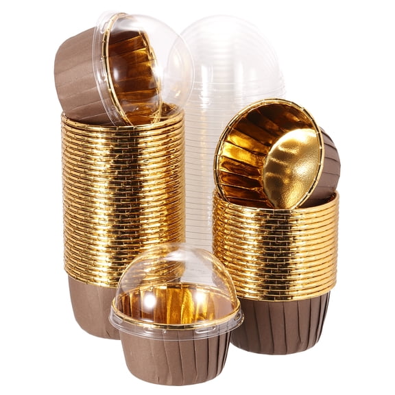 Uxcell 50 Pcs Single-sided Aluminum Foil Cupcake Liners with Lids, Greaseproof Muffins Baking Cupcakes for Wedding Birthday Party Decoration, Brown (Round)