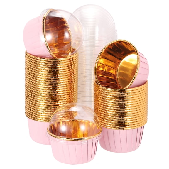 Uxcell 50 Pcs Single-sided Aluminum Foil Cupcake Liners with Lids, Greaseproof Muffins Baking Cupcakes for Wedding Birthday Party Decoration, Pink (Round)