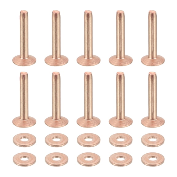 Uxcell 50 Set 9x3.3x19mm Solid Copper Rivets and Burrs Leather Fastener, Copper Tone