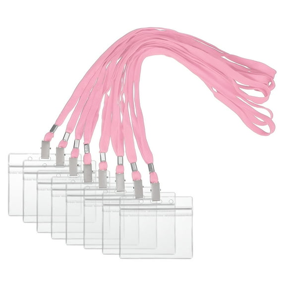Uxcell 50 Set Name Tag Holders with Lanyard, Plastic Waterproof Horizontal Badge Holder with Alligator Clip Lanyards for ID Badges Office Teacher Events Meetings, Pink(4x2 Inch)