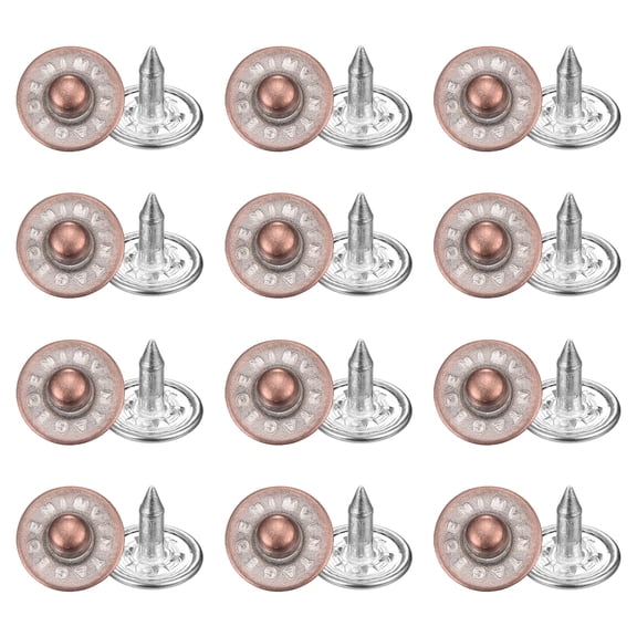 Uxcell 50 Sets Jean Rivets 8.5mm Metal Jeans Buttons Replacement Kit Universal No Sew Denim Fasteners Nipple Rivets Letter Style for Jeans Pants Jackets Bags Crafts, Red Copper-Tin