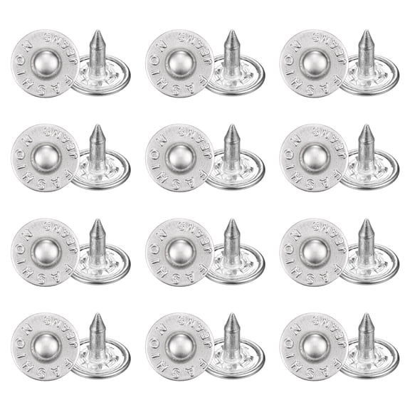 Uxcell 50 Sets Jean Rivets 8.5mm Metal Jeans Buttons Replacement Kit Universal No Sew Denim Fasteners Nipple Rivets Little Letter Style for Jeans Pants Jackets Bags Crafts, Silver