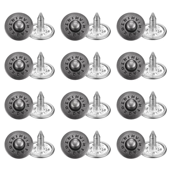 Uxcell 50 Sets Jean Rivets 9.5mm Metal Jeans Buttons Replacement Kit Universal No Sew Denim Fasteners Nipple Rivets Letter Style for Jeans Pants Jackets Bags Crafts, Gunmetal Color
