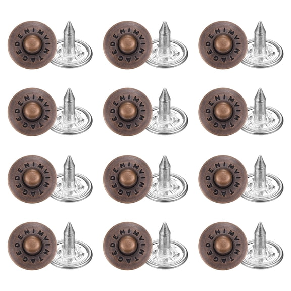 Uxcell 50 Sets Jean Rivets 9.5mm Metal Jeans Buttons Replacement Kit Universal No Sew Denim Fasteners Nipple Rivets Letter Style for Jeans Pants Jackets Bags Crafts, Red Age Copper
