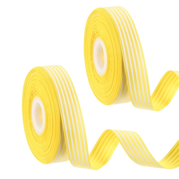 Uxcell 50 Yards x 1" Christmas Striped Ribbon, 2 Pcs Yellow Candy Roll Fabric Wrapping Ribbons for Craft Wreath Birthday Wedding Festival Decoration