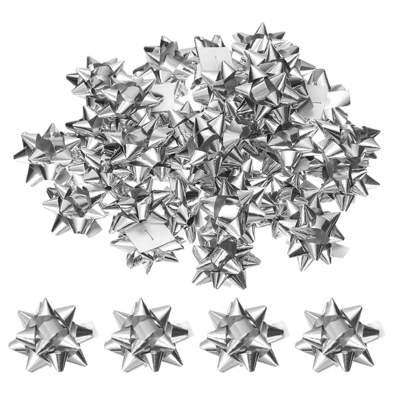 Uxcell 50 pcs Mini Gift Bow, 1.2" Small Star Gift Bow Metallic Self-Adhesive Bowknots for Holiday Presents Craft Wrapping Wedding Party Birthdays Decorations, Silver