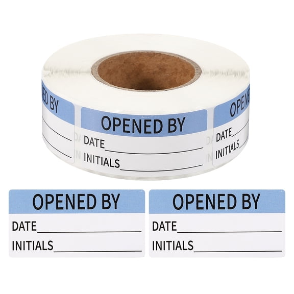 Uxcell 500 Pcs Opened by Label Stickers Roll, 2 x 1 Inch Removable Inventory Labels Adhesive Food Sticker Roll for Marking Organizing Inventory and Food Container, Light Blue and Black