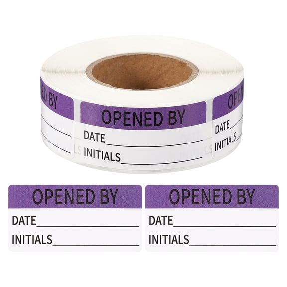Uxcell 500 Pcs Opened by Label Stickers Roll, 2 x 1 Inch Removable Inventory Labels Adhesive Food Sticker Roll for Marking Organizing Inventory and Food Container, Purple and Black