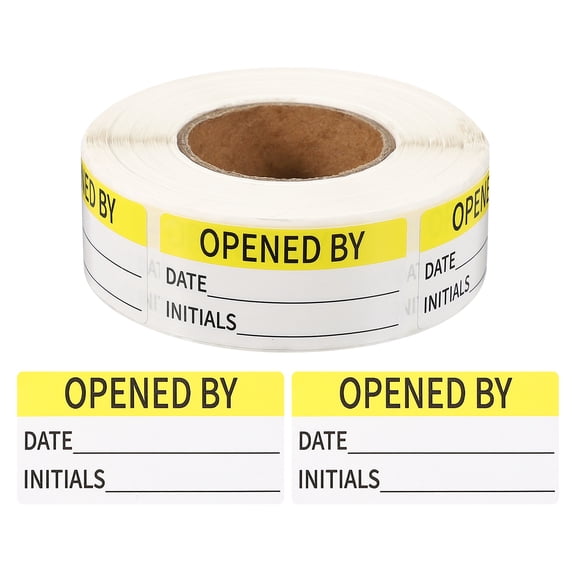 Uxcell 500 Pcs Opened by Label Stickers Roll, 2 x 1 Inch Removable Inventory Labels Adhesive Food Sticker Roll for Marking Organizing Inventory and Food Container, Yellow and Black