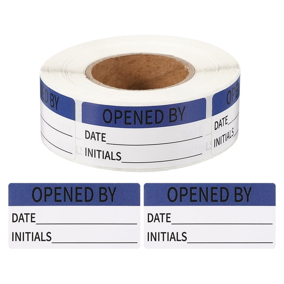 Uxcell 500 Pcs Opened by Label Stickers Roll, 2 x 1 Inch Removable Inventory Labels Adhesive Food Sticker Roll for Marking Organizing Inventory and Food Container, Blue and Black