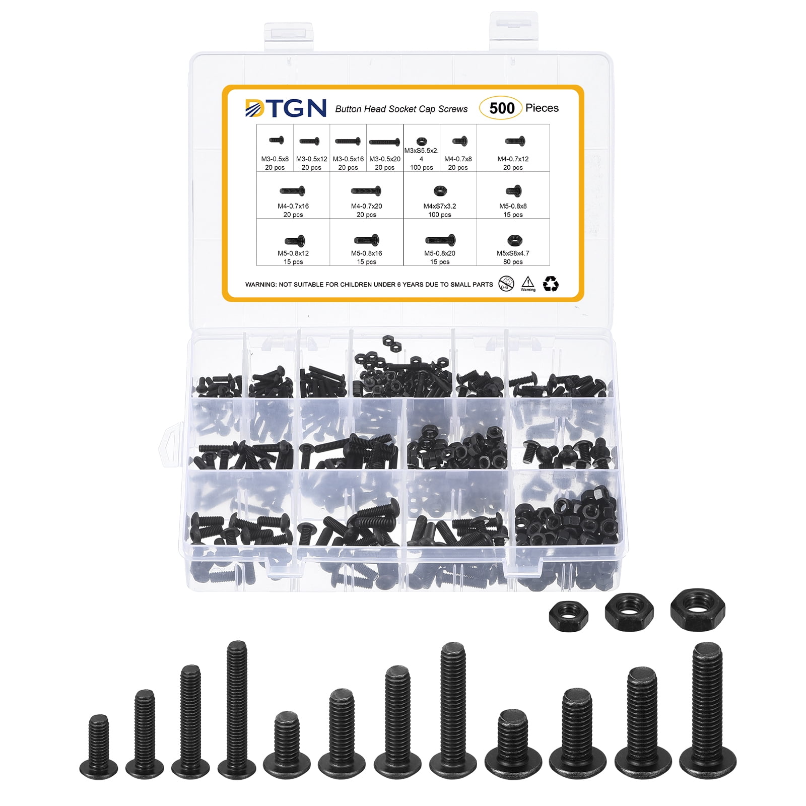 Uxcell 500Pack M3 M4 M5 Button Head Socket Cap Screws - Carbon Steel Bolt Nut Set Washer Assortment Kit - Good for Road Bicycle, Mountain Bike, Auto