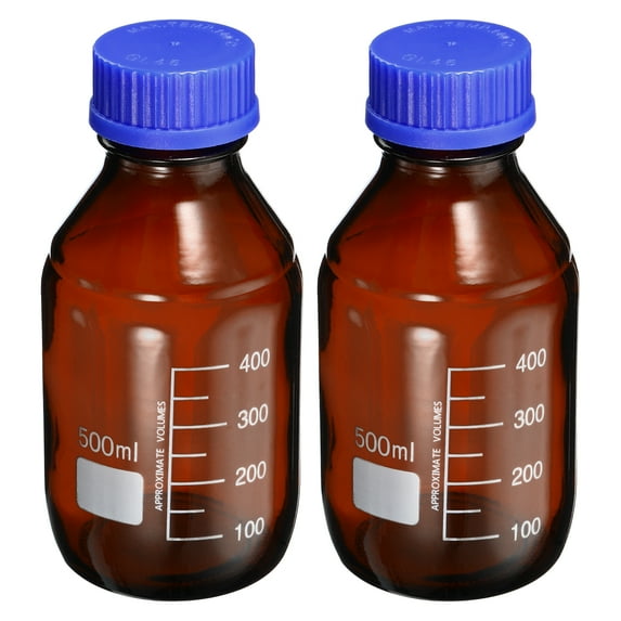 Uxcell 500mL Amber Reagent Media Graduated Glass Storage Bottle Blue Cap 2 Pack