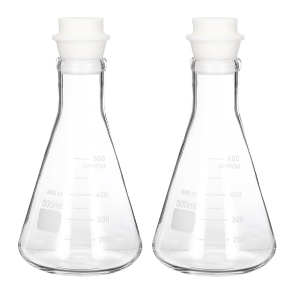 Uxcell 500ml 16.9oz Narrow Mouth Erlenmeyer Flask, 2Pcs 3.3 Borosilicate Glass Conical Flask with Sand Core Silicone Stopper Graduated Flasks Printed Scale for Laboratory, Clear