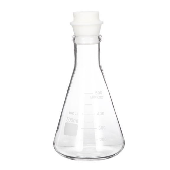 Uxcell 500ml 16.9oz Narrow Mouth Erlenmeyer Flask, 3.3 Borosilicate Glass Conical Flask with Sand Core Silicone Stopper Graduated Flasks Printed Scale for Laboratory, Clear