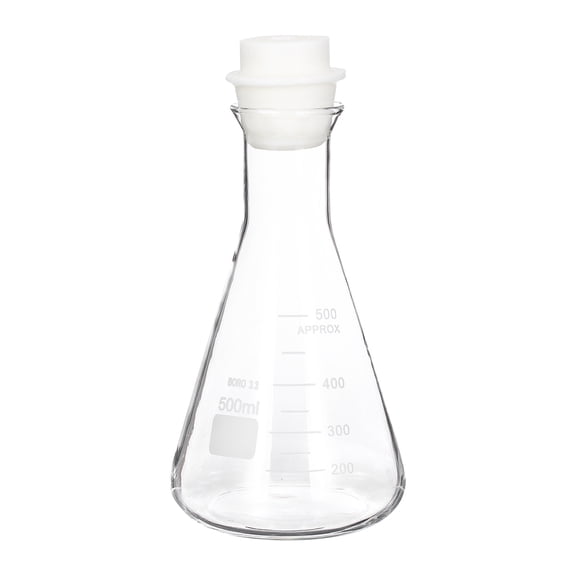 Uxcell 500ml 16.9oz Wide Mouth Erlenmeyer Flask, 3.3 Borosilicate Glass Conical Flask with Sand Core Silicone Stopper Graduated Flasks Printed Scale for Laboratory, Clear