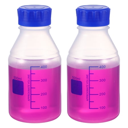 Uxcell 500ml Thickened Media Storage Bottles,2 Pcs PP Plastic Graduated Bottle with Blue Screw Cap for Lab Water Reagent Liquids, Transparent(Round)