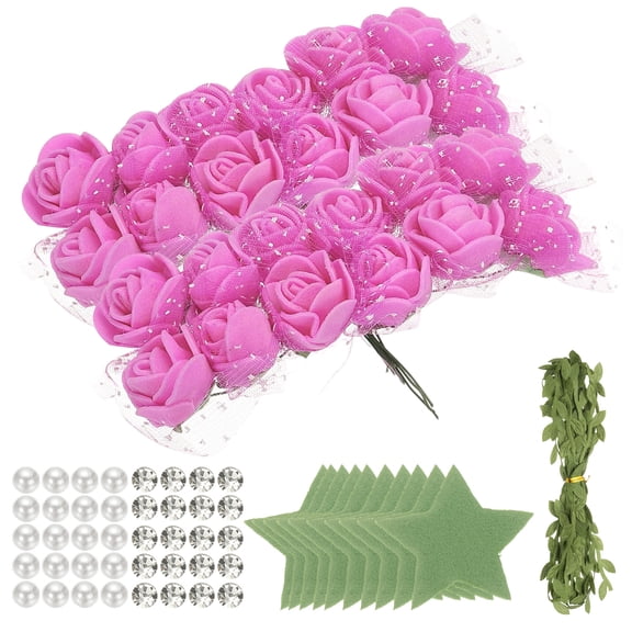 Uxcell 504pcs Foam Rose Heads 1" Artificial Bulk Stemless Foam Fake Flowers with Leaves Pearls Diamonds for DIY Crafts, Rose Red