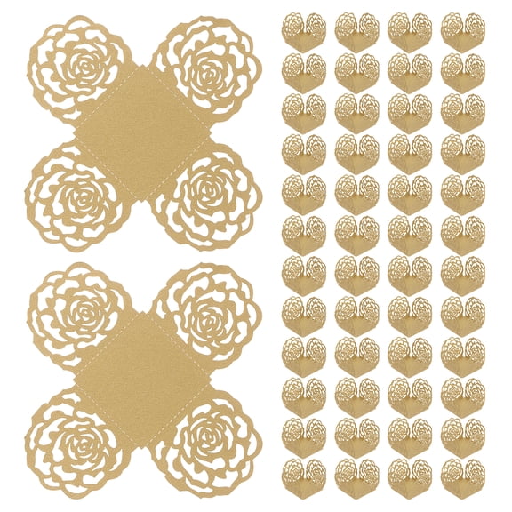 Uxcell 50PCS Truffle Wrappers, 4 Inch Paper Chocolate Candy Wrappers Rose Hollow Out Dessert Tray Square Baking Cups for Wedding Birthday Party Events Dessert Shops, Light Gold