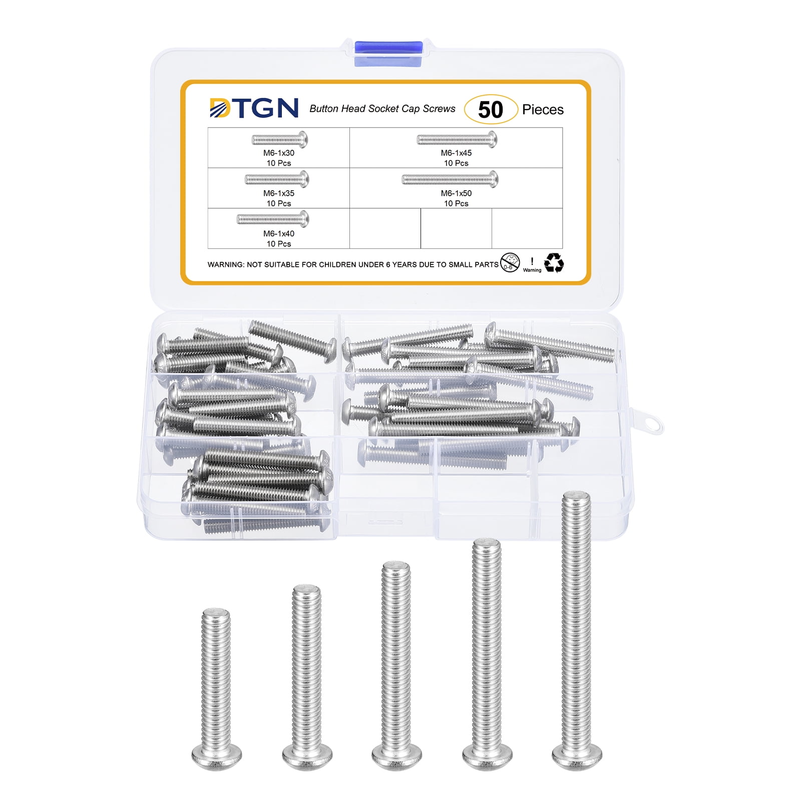 Uxcell 50Pack M6-1x30/35/40/45/50mm Button Head Socket Cap Screws - 304 Stainless Steel Bolt Nut Set Washer Assortment Kit - Good for Road Bicycle, Mountain Bike, Auto