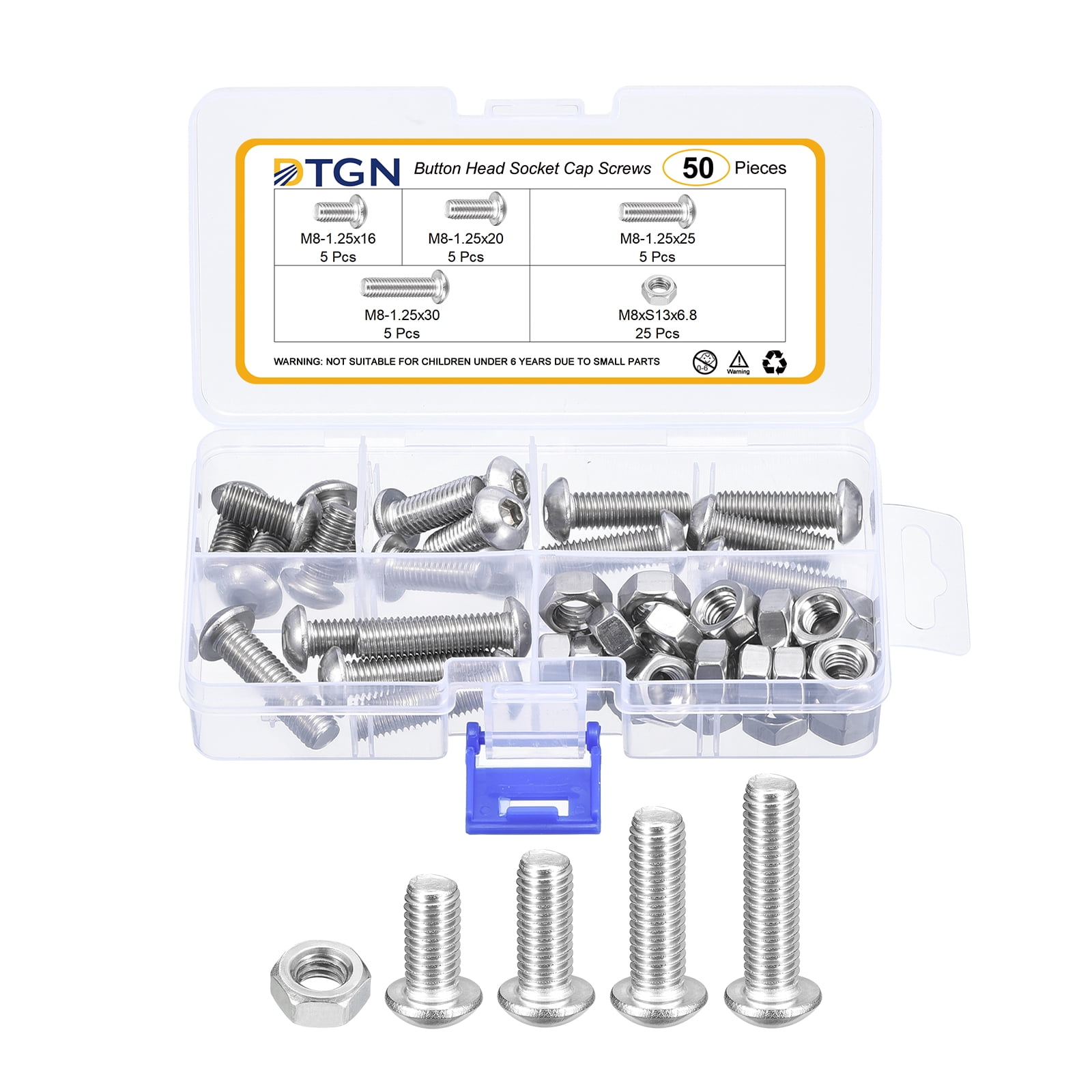Uxcell 50Pack M8-1.25x16/20/25/30/35mm Button Head Socket Cap Screws - 304 Stainless Steel Bolt Nut Set Washer Assortment Kit - Good for Road Bicycle, Mountain Bike, Auto