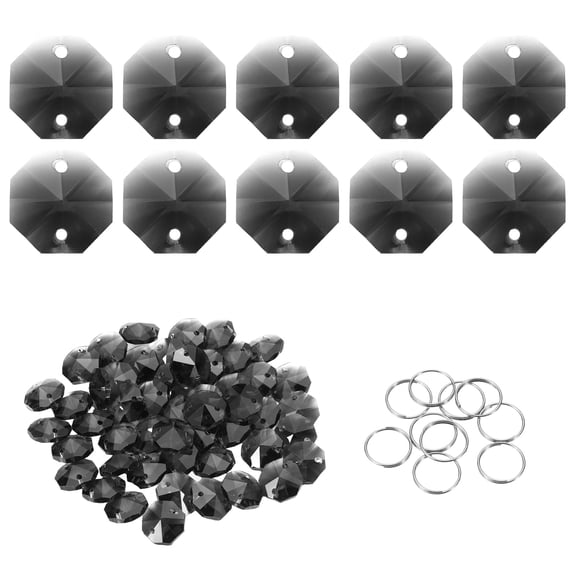 Uxcell 50Pcs 2 Hole Crystal Octagon Beads, 14mm K9 Glass Hanging Chandelier Bead Prisms Part with Stainless Steel Ring for Crystal Chandelier Lamp Pendant Jewelry, Clear Black