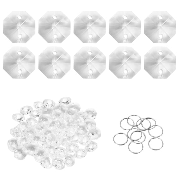 Uxcell 50Pcs 2 Hole Crystal Octagon Beads, 8mm K9 Glass Hanging Chandelier Bead Prisms Part with Stainless Steel Ring for Crystal Chandelier Lamp Pendant Jewelry, Clear