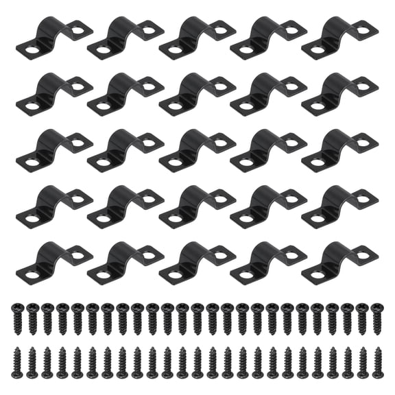 Uxcell 50Pcs 8mm(5/16") Two Hole Pipe Strap, Rigid U Brackets Conduit Clamp Heavy Duty Carbon Steel Pipe Strap Clip with Self-Tapping Screws for Fixing Tube Cable Wire Cord, Black