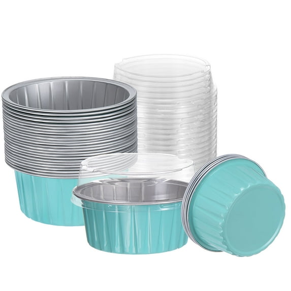 Uxcell 50Pcs Baking Cups with Lids 5oz Aluminum Foil Liners Mini Disposable Containers Cups Blue