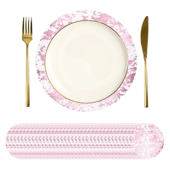 Uxcell 50Pcs Disposable Round Placemats, 13" Chargers Place Mats Metallic Thin Mesh Table Mates Pressed Foil Table Doilies for Dining Table Wedding Birthday Party Home Decor, Pink