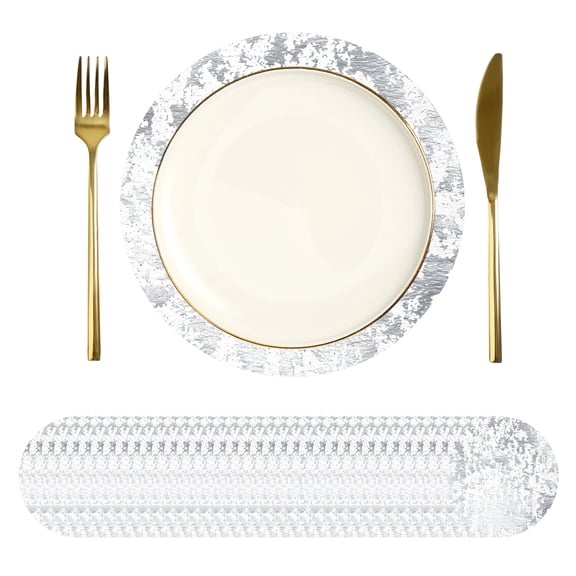 Uxcell 50Pcs Disposable Round Placemats, 13" Chargers Place Mats Metallic Thin Mesh Table Mates Pressed Foil Table Doilies for Dining Table Wedding Birthday Party Home Decor, Silver