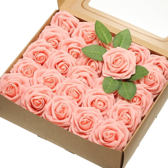 Uxcell 50 Pcs Fake Roses with Stems 3.15 inch Foam Roses Artificial Flowers for DIY Craft Peach Pink