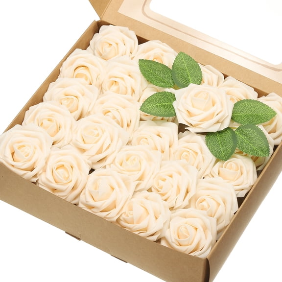 Uxcell 50 Pcs Fake Roses with Stems 3.15 inch Foam Roses Artificial Flowers for DIY Craft Champagne