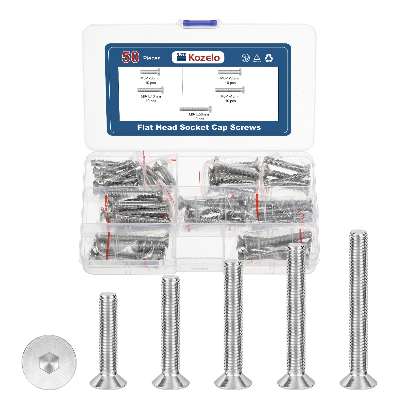Uxcell 50Pcs Flat Socket Cap Screws - [M6x1x30/35/40/45/50], 304 Stainless Steel 18-8 Countersunk Bolt, Silver, for Automotive, Furniture Repair, Industrial Equipment Fixes