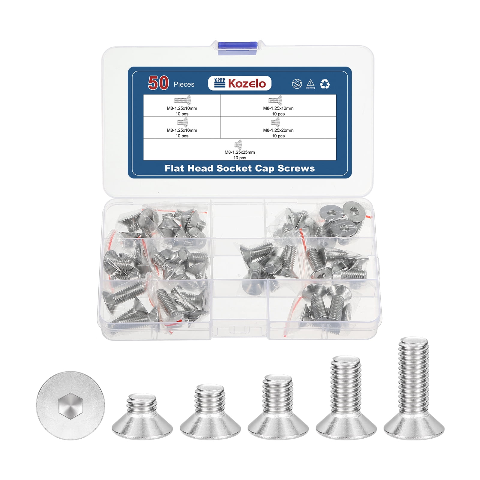 Uxcell 50Pcs Flat Socket Cap Screws - [M8x1.25x10/12/16/20/25], 304 Stainless Steel 18-8 Countersunk Bolt, Silver, for Automotive, Furniture Repair, Industrial Equipment Fixes